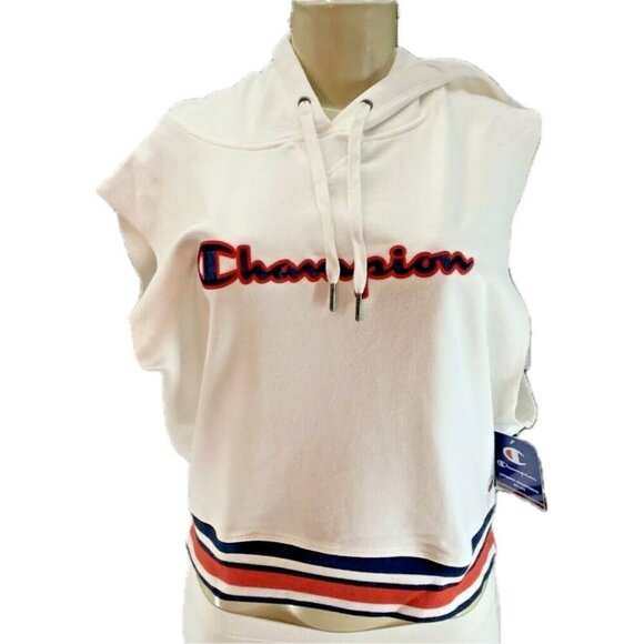 Champion XL Logo White Striped Accent Raw Edge Sleeveless Crop Drawstring Hoodie - Picture 2 of 6